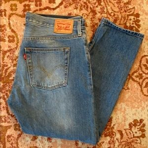 Levi 501 light wash distressed denim
